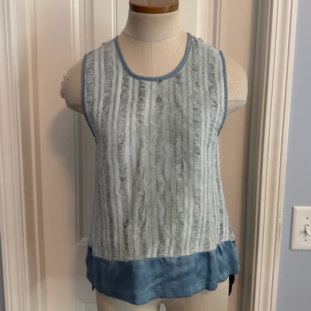 Maurizio Medium 100% Silk & Leather Laser Cut Blue Sleeveless Blouse Top
